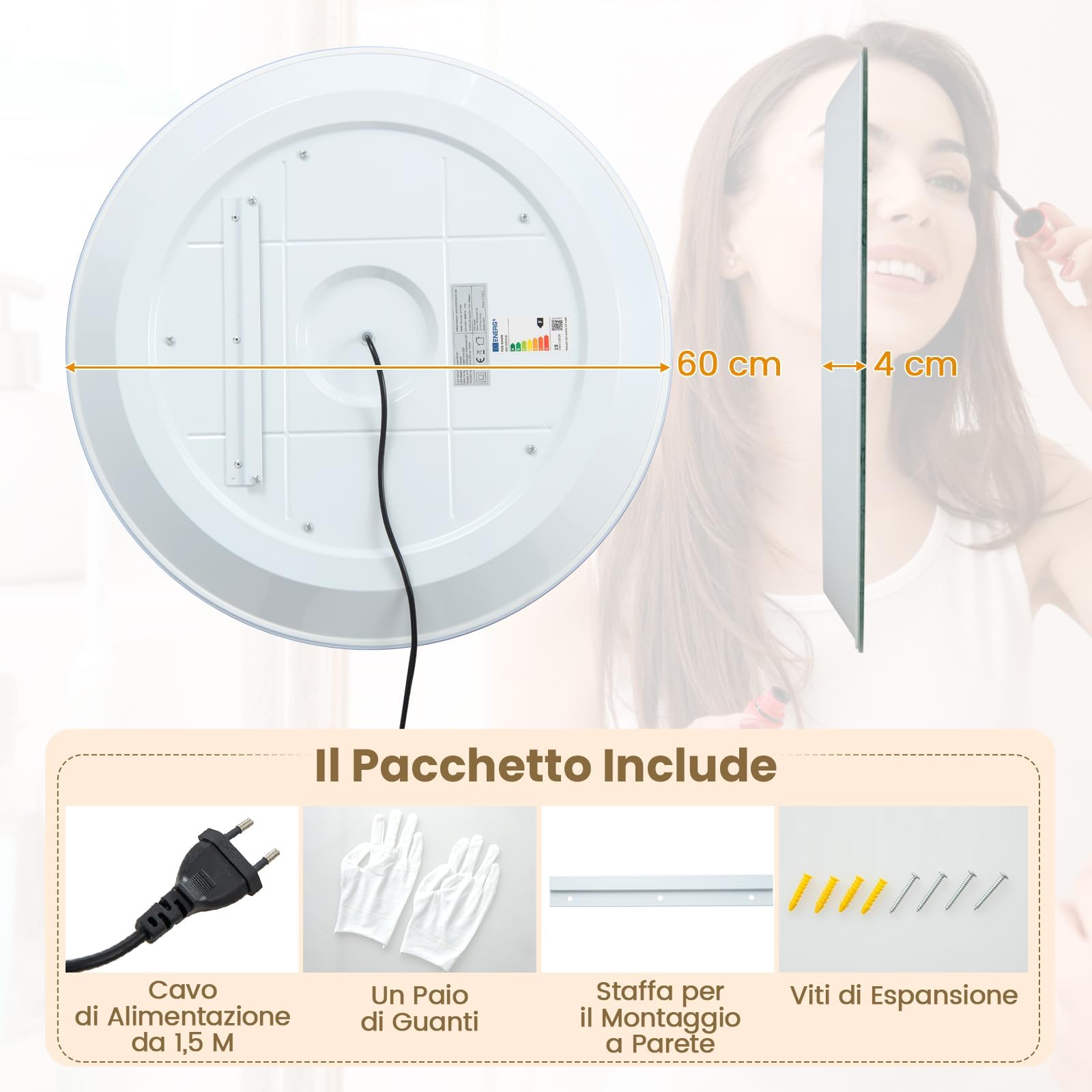 RELAX4LIFE specchio da bagno rotondo con illuminazione, specchio LED Ø 60 cm, 3 temperature di colore e interruttore touch, antiappannamento
