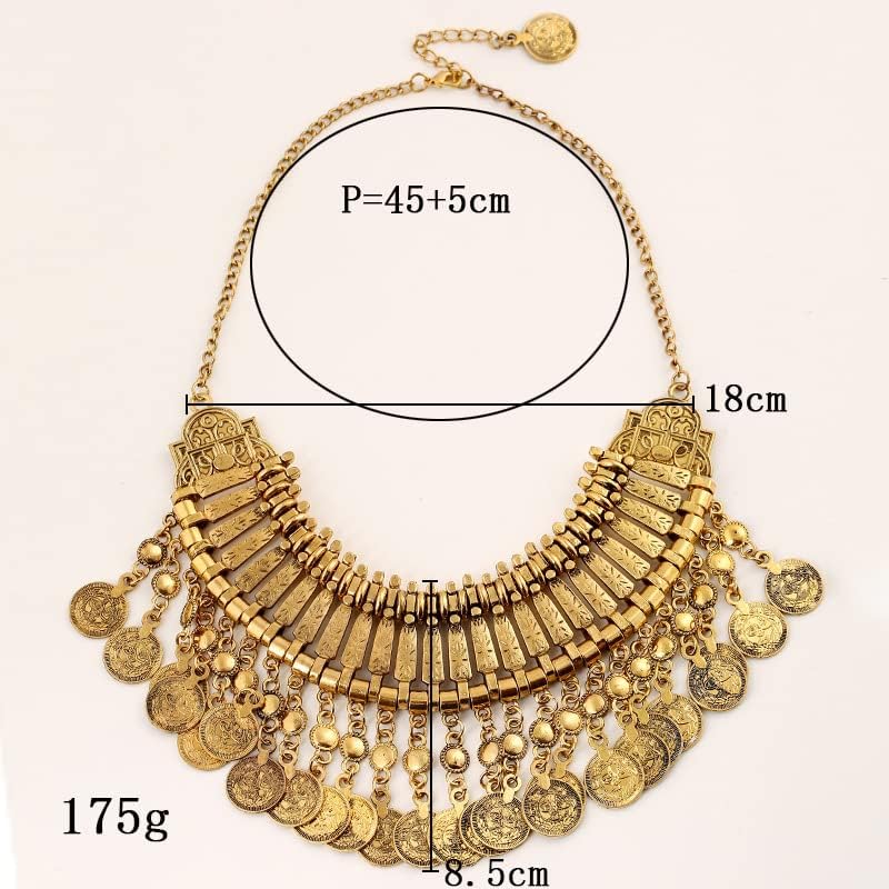 Vintage Engraved Coin Tassel Collar Statement Necklace for Women Men Ancient Gold Silver Bohemian Exaggerated Short Chunky Boho Choker Ethnic Gypsy Tribal Bib Clavicle Necklaces Halloween Costume Party Jewelry Gifts - Image 2
