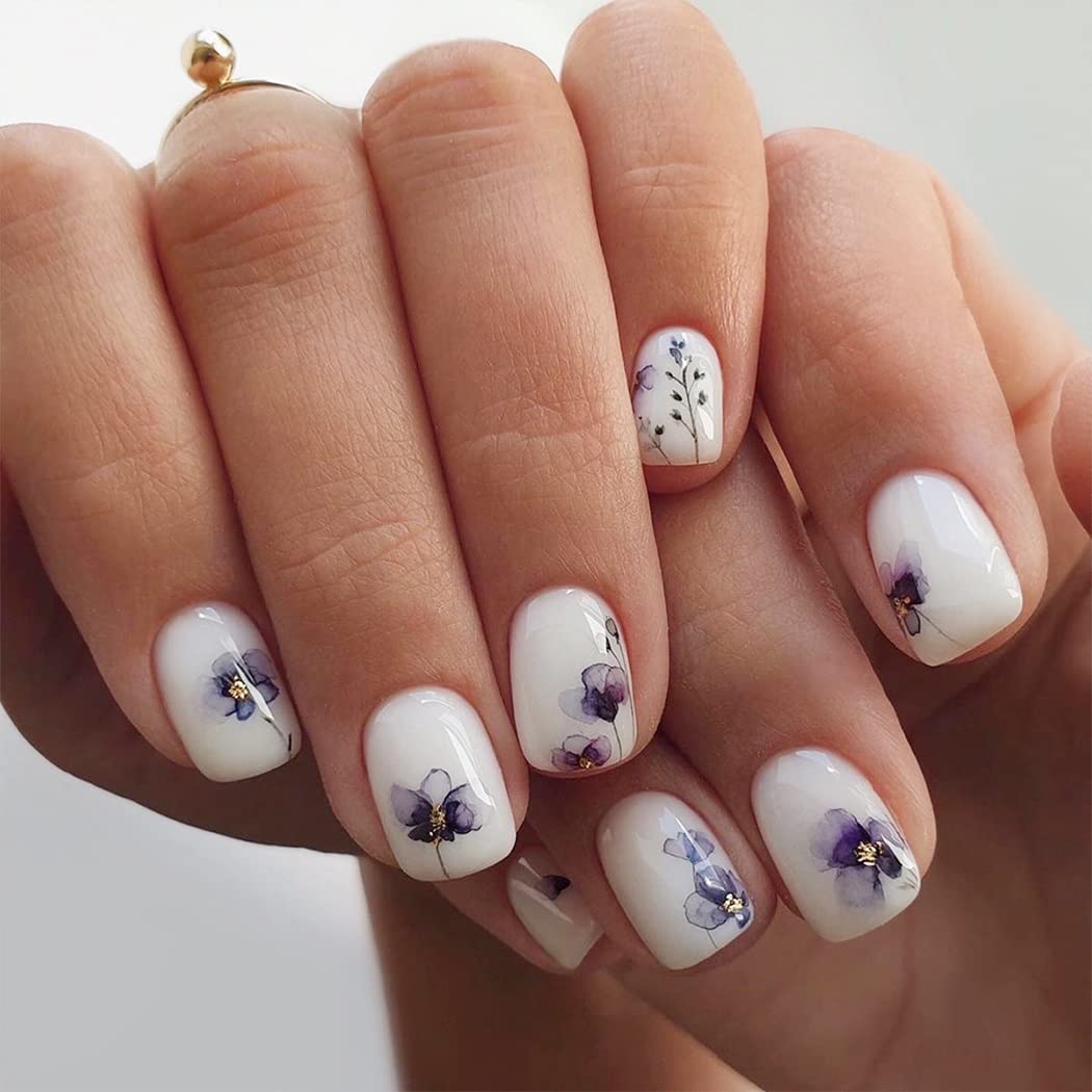 Amazon.com: Eaytmo Square Press on Nails Short Fake Nails Tips Full Cover  Acrylic False Nails With Design Fingernails Daily Office Party Natural  Stick on Nails for Women and Girls（24Pcs) (White-Purple) : Beauty