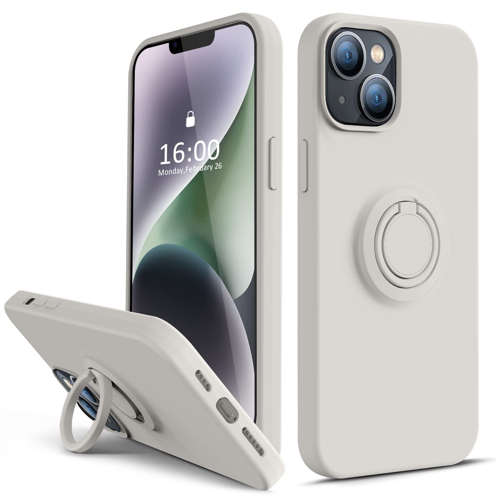 Thomo Compatible with iPhone 14 Case,Premium Soft Liquid Silicone Shockproof Cover [Ring Stand Holder] [ Scratch Resistant Microfiber Liner] Ultra Slim Phone Cases, 6.1 Inch -Stone