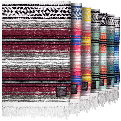 Mexican Blanket (Authentic Handmade Falsa) - Durable, Lightweight Baja Indian Blanket for Yoga, Beach, Camping, Picnic, Car/Truck, Outdoor Mexican Throw, Baja Saddle Blanket, 70'x50', Cherry