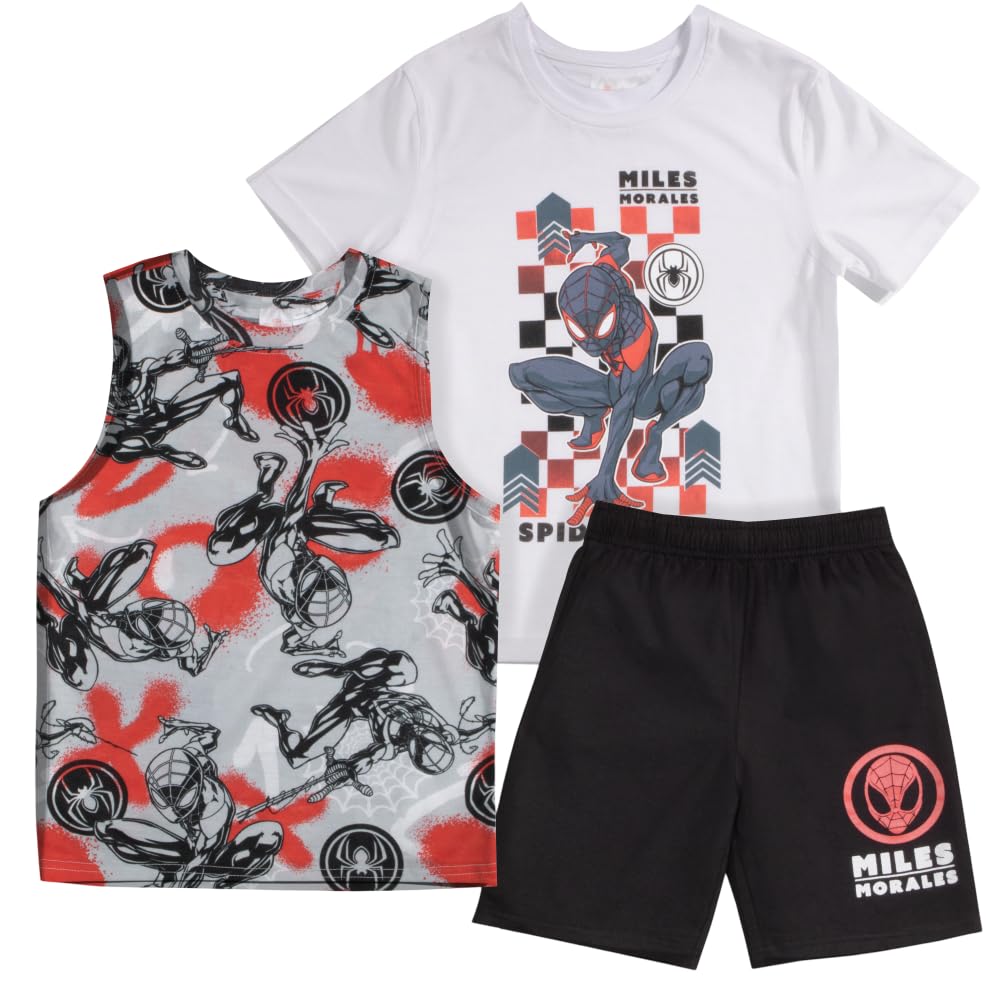 Spider-Man Miles Morales Boys 3-Piece Clothing Set - Printed Short Sleeve T-Shirt, Tank Top, & Shorts 3-Pack Bundle Set for Kids (White/Gray/Black, Size 5/6)