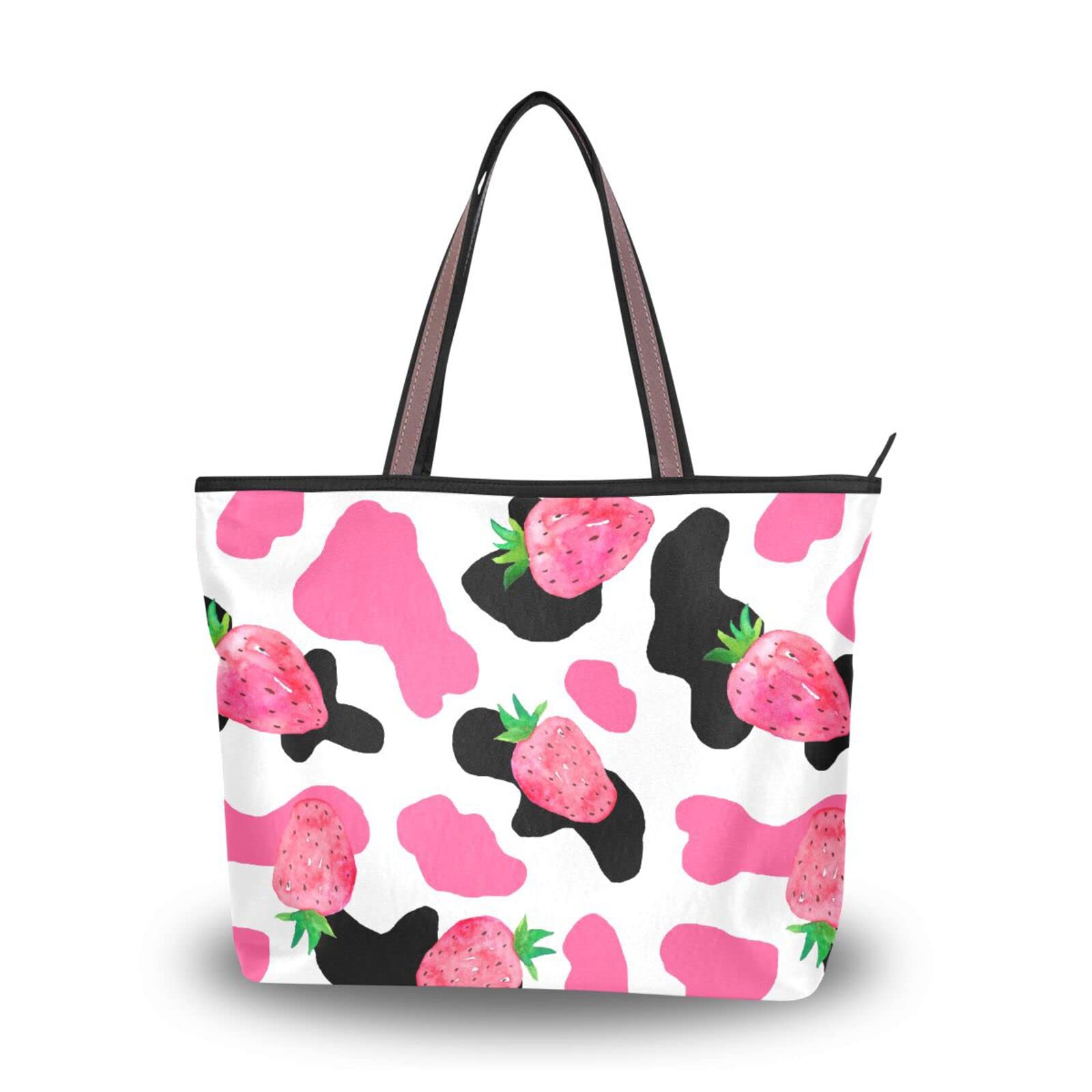Sletend Tote Bag Women Handbag Printed HandbagPink Strawberry Cow Print Stylish Tote Handbag for Women Hobo Bag