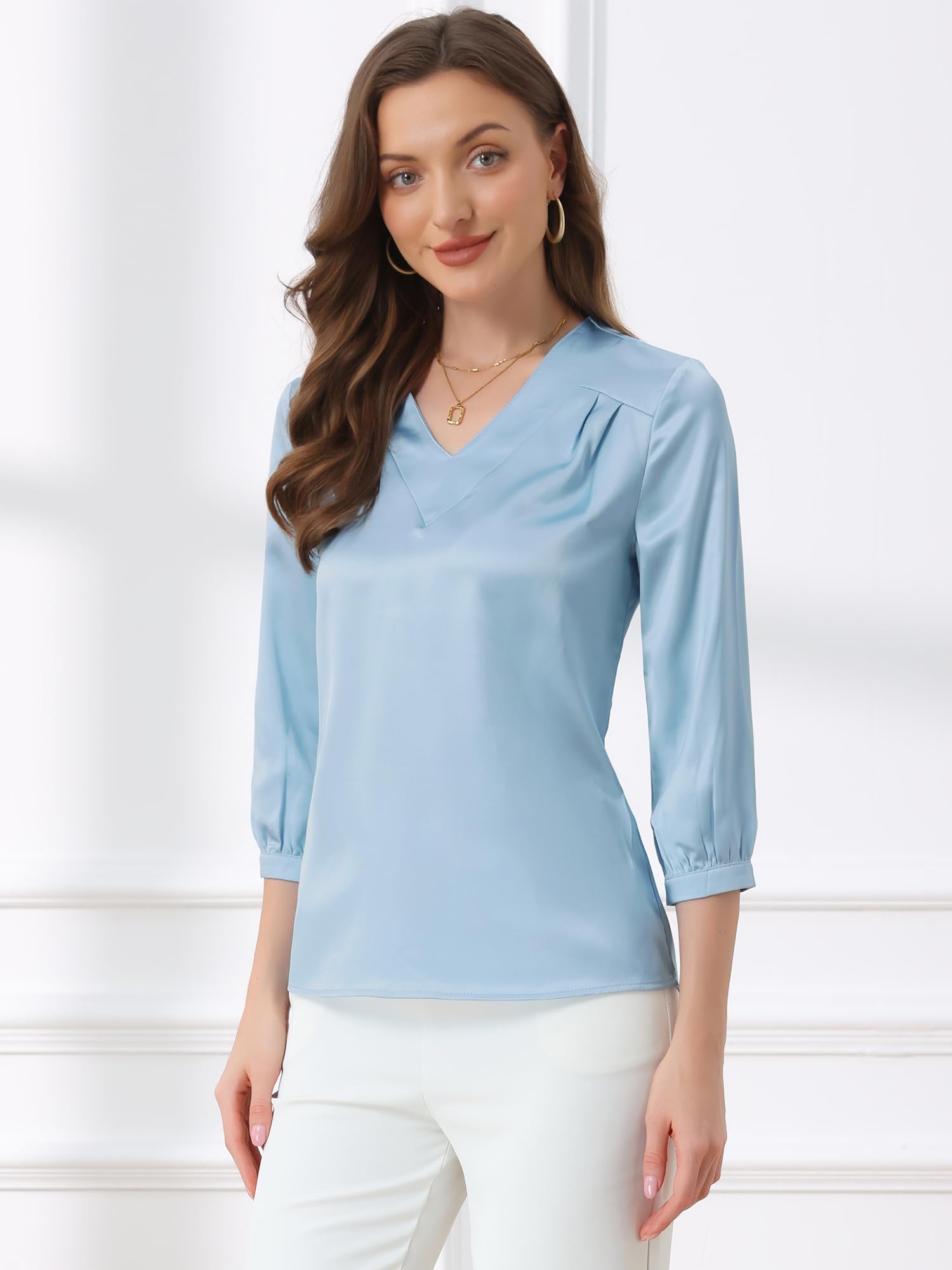 Allegra K Blusa de satén para Mujer Camisas Informales sólidas con Cuello en V de Manga 3/4