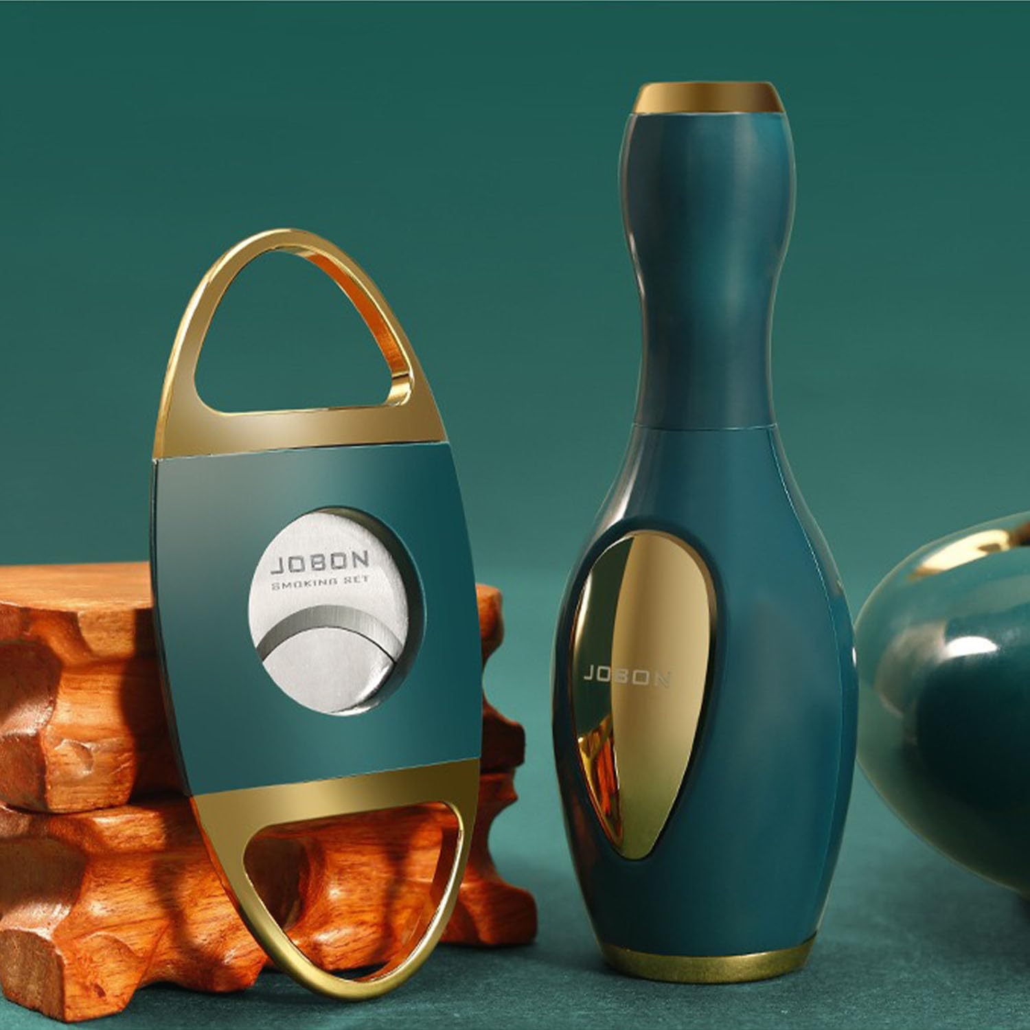 Cigar lighter and cutter Ashtray 3 Piece Set Green Jet Torch Refillable Lighter with Blue Flames Ceramic Ashtray
