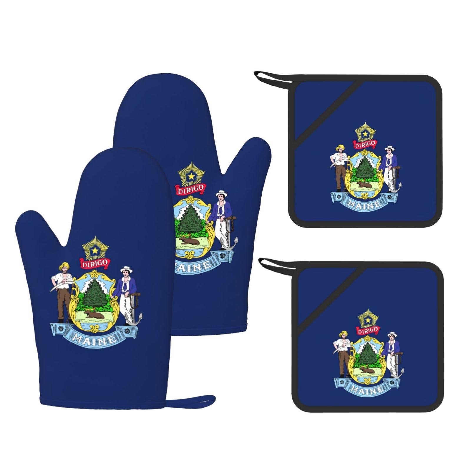 Maine State Flag Printed Oven Mitts with Pocket and Hot Pads, Silicone Non-Slip Kitchen Gloves for Baking BBQ