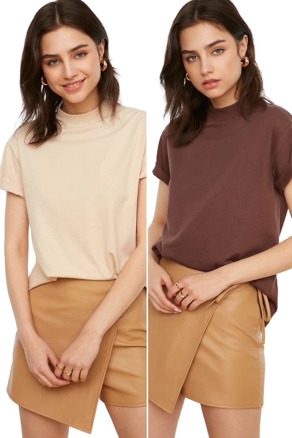 Trendyol Women Basics Regular fit Basic Standing Collar Knit T-Shirt Brown-Beige