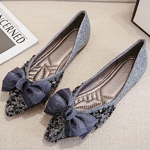 INEELUYI Women's Bowtie Pointy Toe Sweety Style Dress Ballerina Ballet Flats Crystal Bling Formal Working Flat Shoes2