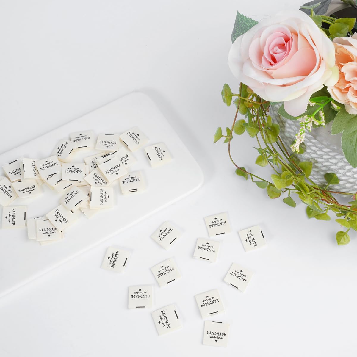 TOGETRUE 100pcs Sewing Labels for Handmade Items, Durable Fabric Woven Tags with Handmade with Love Text, Sewing Labels for Crochet, Knitting, Sewing Projects and DIY Crafts