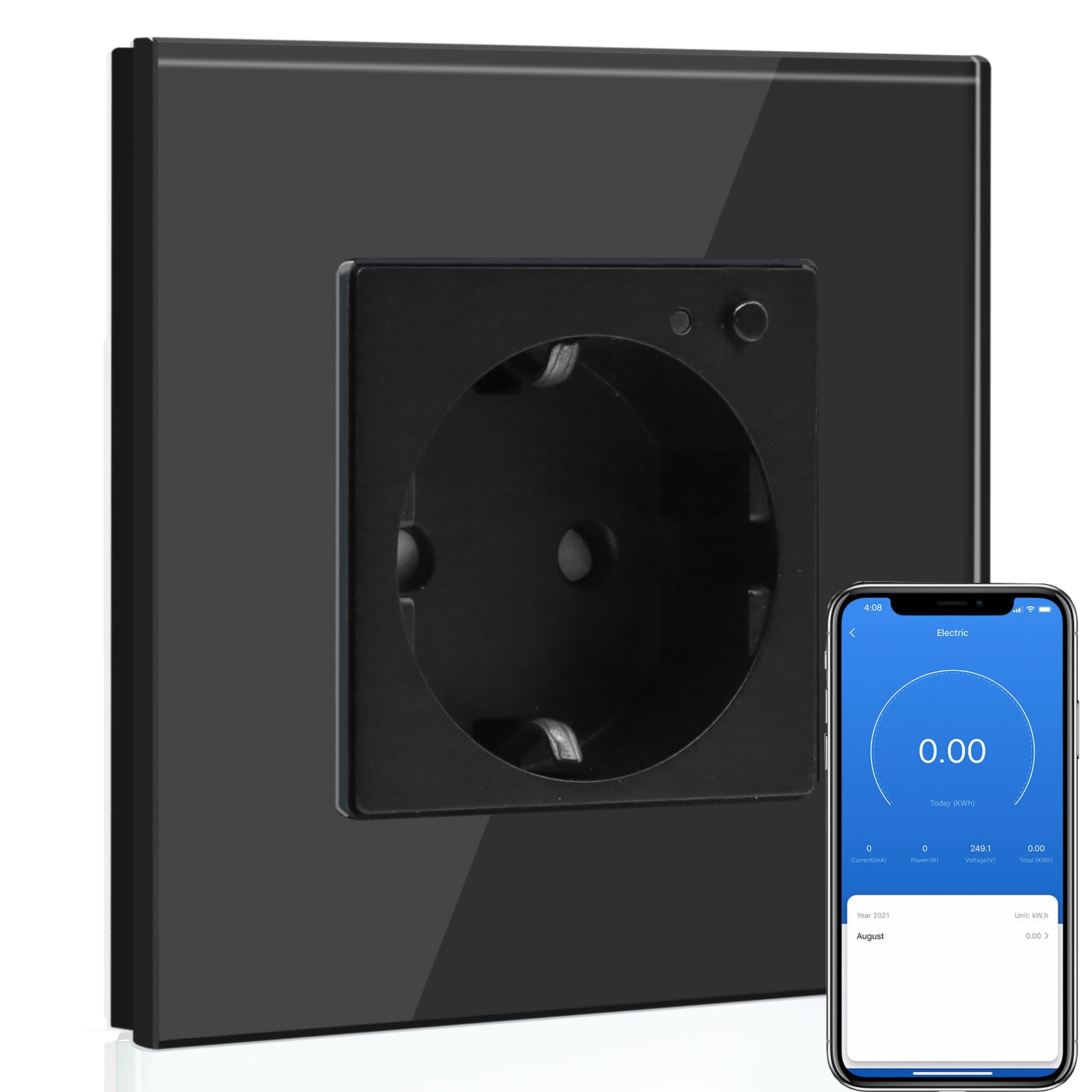 BSEED BSEED Enchufe Pared WiFi con monitor de consumo de energía, 16A Schuko Enchufe inteligente Compatible con Alexa y Google Home,Control de APP y Función de Temporizador, ​Negro