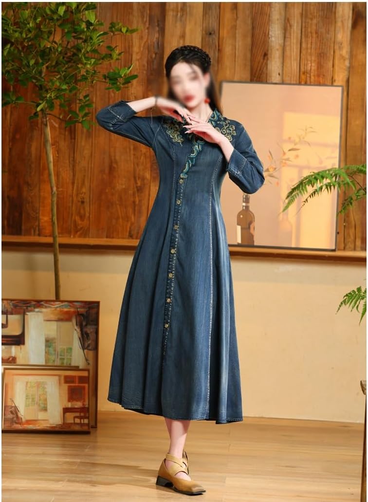 JSEIAJB Retro Heavy Industry Embroidered Denim Dress Slim V-Neck Cardigan Long Dress