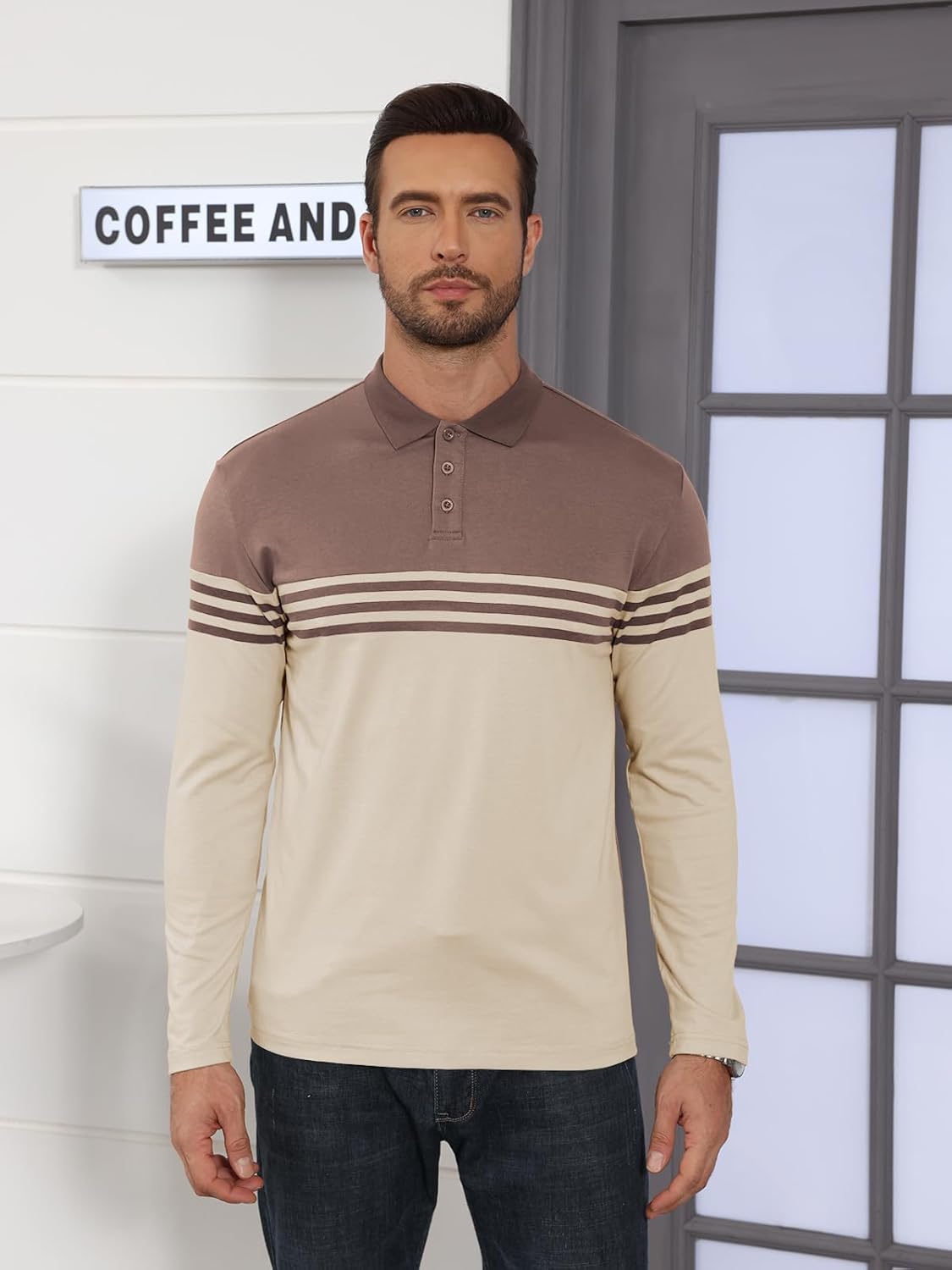 Men's Polo Shirts Long Sleeve Vintage Striped Golf Polo Casual Collared Slim Fit Cotton Shirts - Image 5