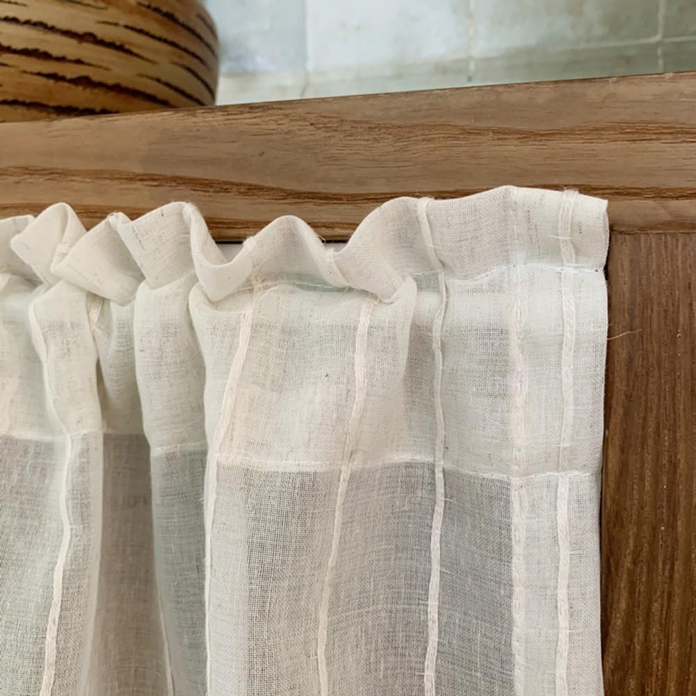 Cortina de Cocina de Lino Boho, Cortinas de Cenefa Semitransparente de Granja, Panel Corto Rústico para Ventanas Pequeñas, Bolsillo para Varilla(Size:H90xW100cm/35x39in)