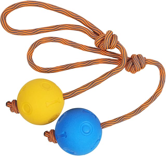 Weeyuu Rope Dog Toy, 2 Pack Ball on a Rope Dog Toys Durable Elastic Solid Rubber Balls for Fetch, Catch, Throw and Tug of War (5 cm, Blue + Yellow)