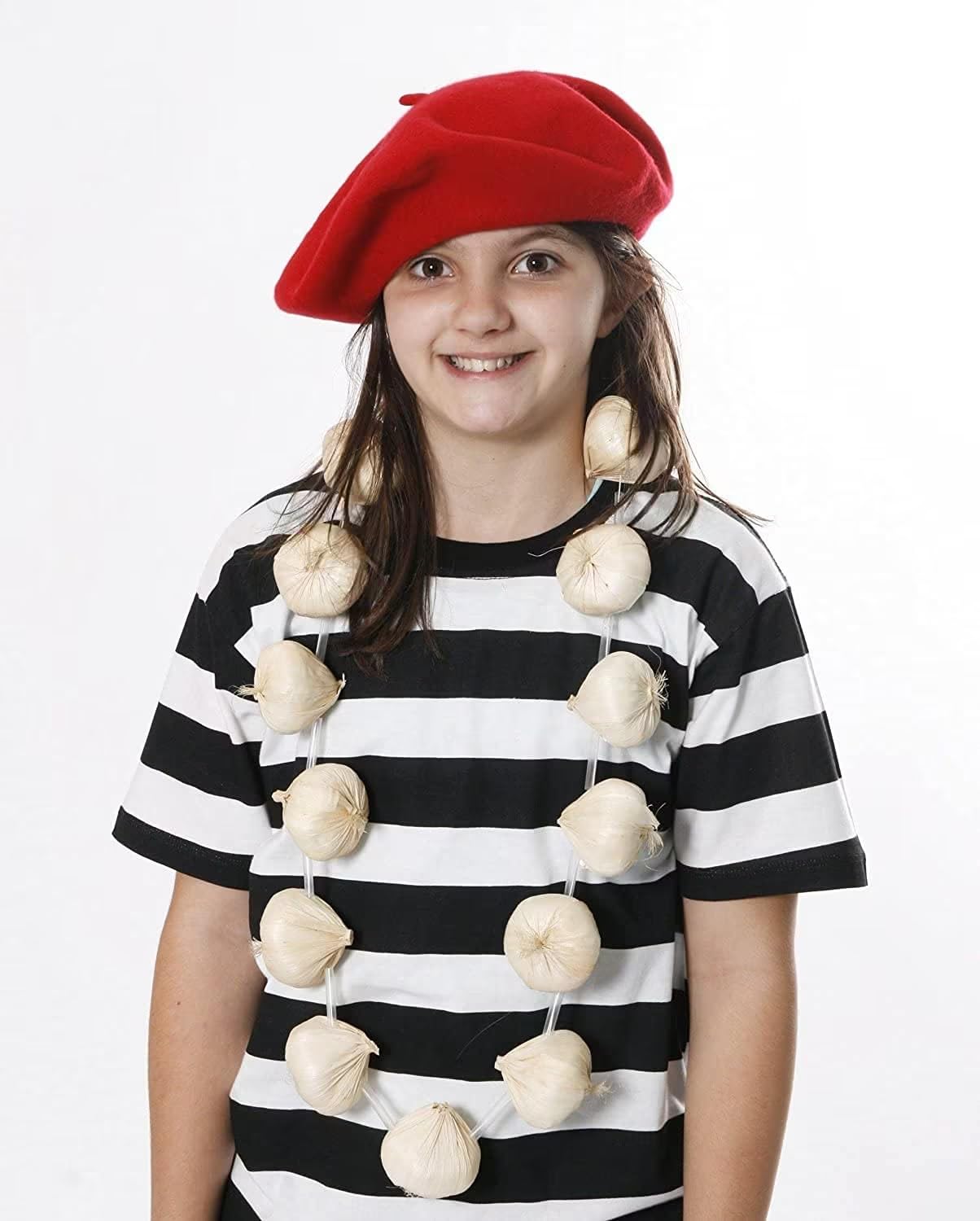 Black And White Striped T-Shirt + Red Beret + Garlic/Onions Garland Set Necklace French Or Vampire Slayer Fancy Dress Bastille Day (X-Large)