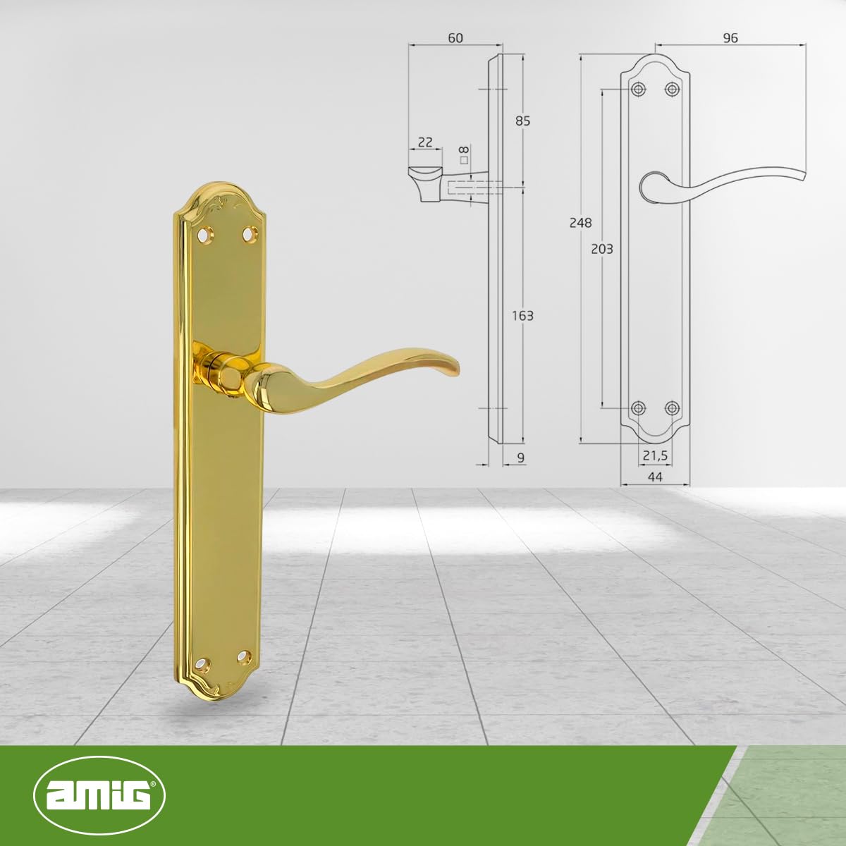 Amig - Juego de Manillas con PLaca - 248 x 44 mm - Fabricado en Zamak - Acabado Dorado - Incluye Tornillos Pasantes Antirrobo y Accesorios de Fijación - Para Puertas de interior