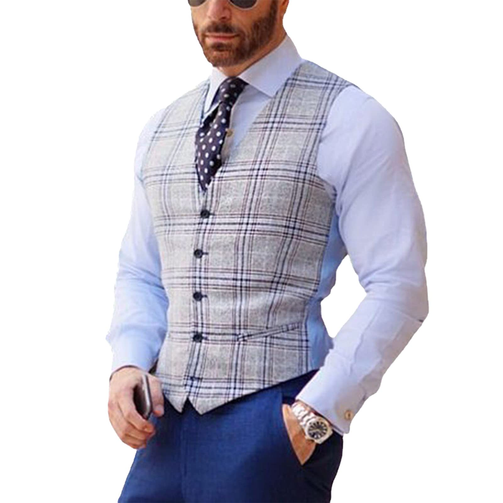 NIBEMINENTMens Casual Suit Vest with Plaid Pattern Slim Fit V Neck Single Breasted Formal Wear Waistcoat (XXL)