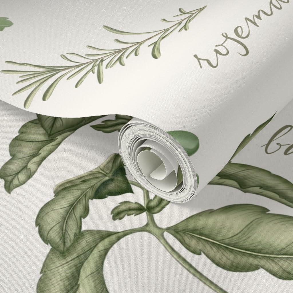 Peel & Stick Wallpaper Swatch - Victorian Herbs Garden Illustration Botanical Leaves Cottagecore Custom Removable Wallpaper by Spoonflower