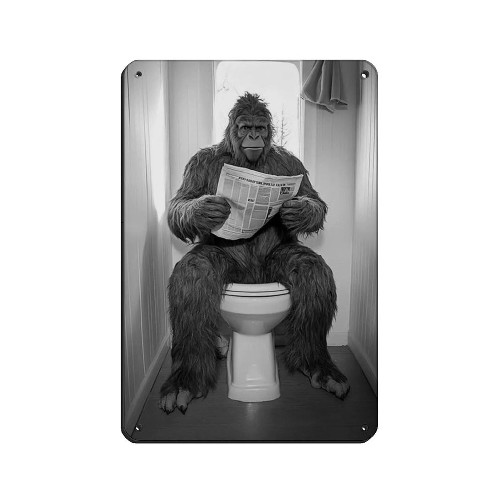 Sasquatch Sitting on The Toilet Reading A Newspaper Retro Poster Metal Tin Sign Chic Art Retro Iron Painting Bar People Cave Cafe Family Garage Poster Wall Decoration 8x12inch(20x30cm)
