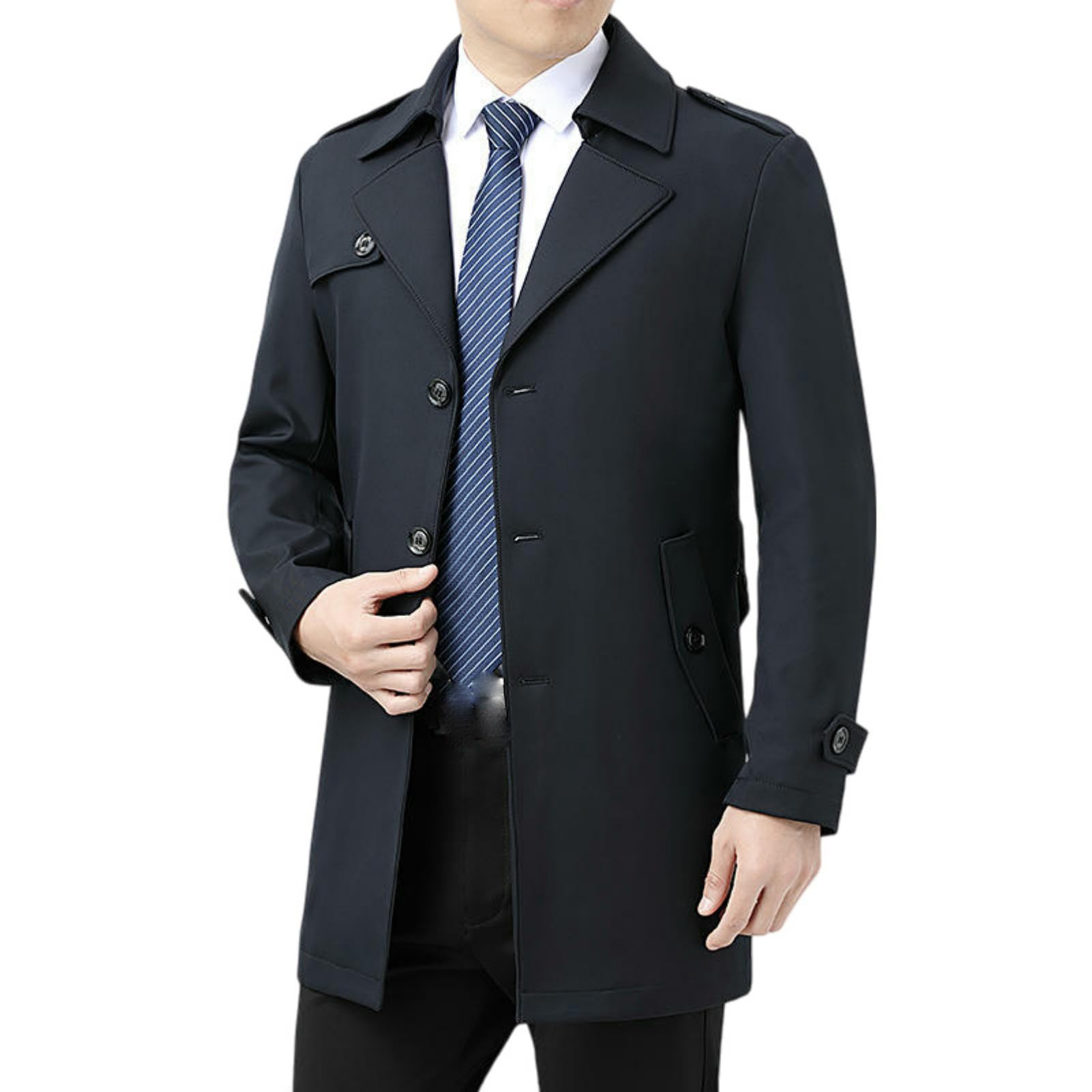 Trench bleu foncé mi-long homme idéal pour les balades d'automne et les sorties décontractées
