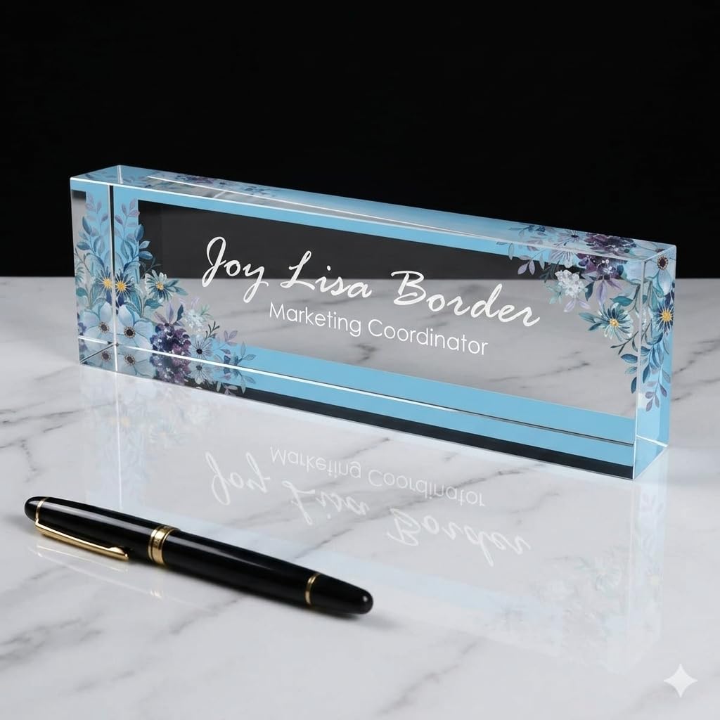 Personalised Office Desk Name Plate Custom Modern Plaque Sign Clear Glass Effect White Acrylic Base Work Home Gift for Loved Ones