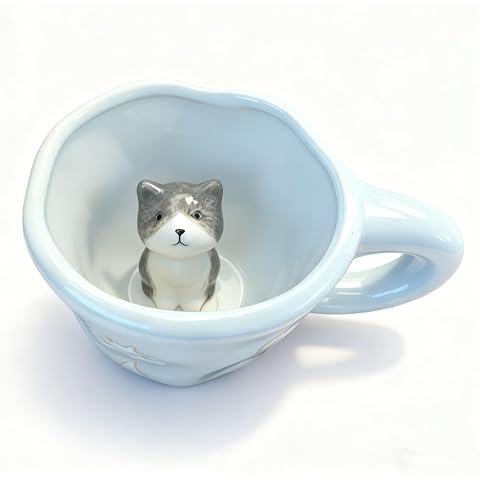 3D Peeking Cat Mug - 12 oz Cute Coffee Cup with Stars & Moon Pattern, Hidden Animal...