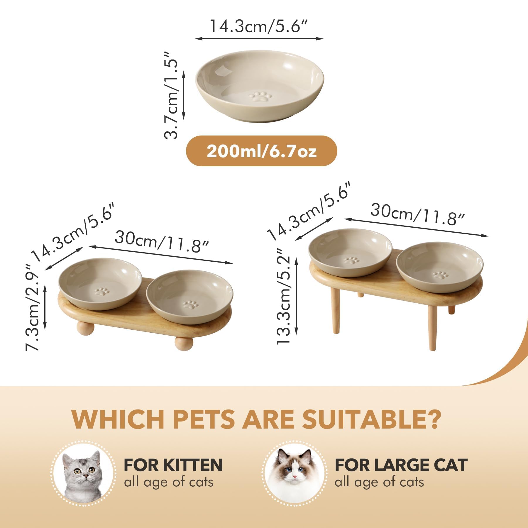 Havniva Katzennäpfe, erhöht, aus Keramik, 14,2 cm, schnurrhaarfreundlich, mit Ständer, Futter- und Wassernapf-Set, 2 Höhen, rutschfest, für Kätzchen