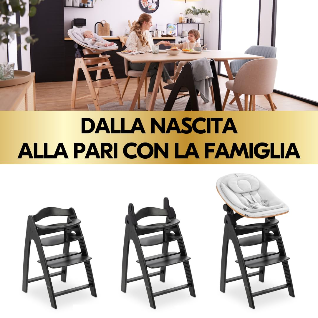 hauck Seggiolone Pappa Arketa Newborn Set Eco Bouncer – Seggiolone Evolutivo Legno Regolabile per Crescere insieme fin dalla Nascita, incluso Sdraietta Neonati e Cuscino (Faggio - Blackwashed)