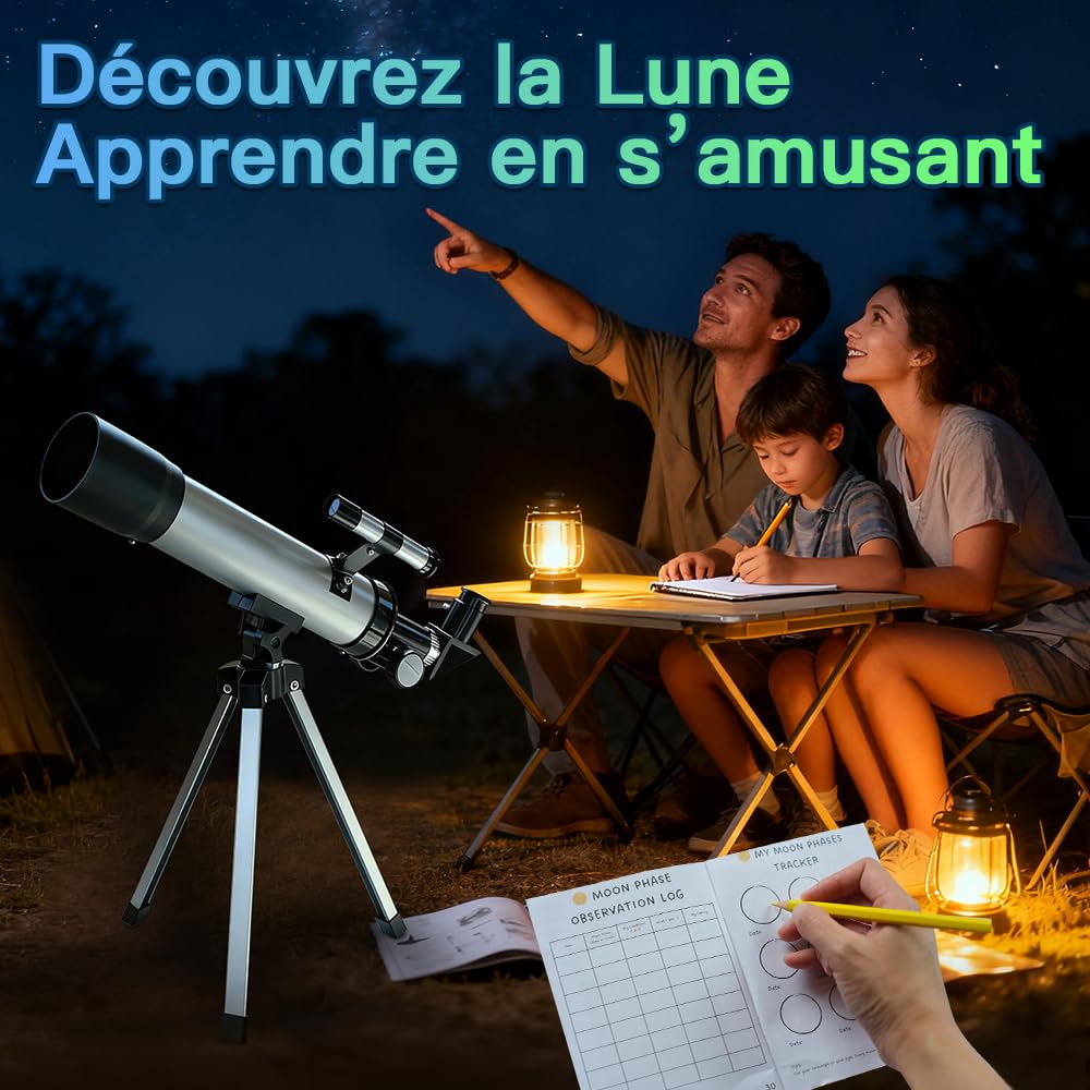 Télescope pour Enfants 50mm 100x Magnification Débutant Argent Telescopio avec Trépied, 2 Oculaires, Lunette de Visée, Ensemble Éducatif STEM pour l'Astronomie - Cadeau de Noël pour Garçons & Filles