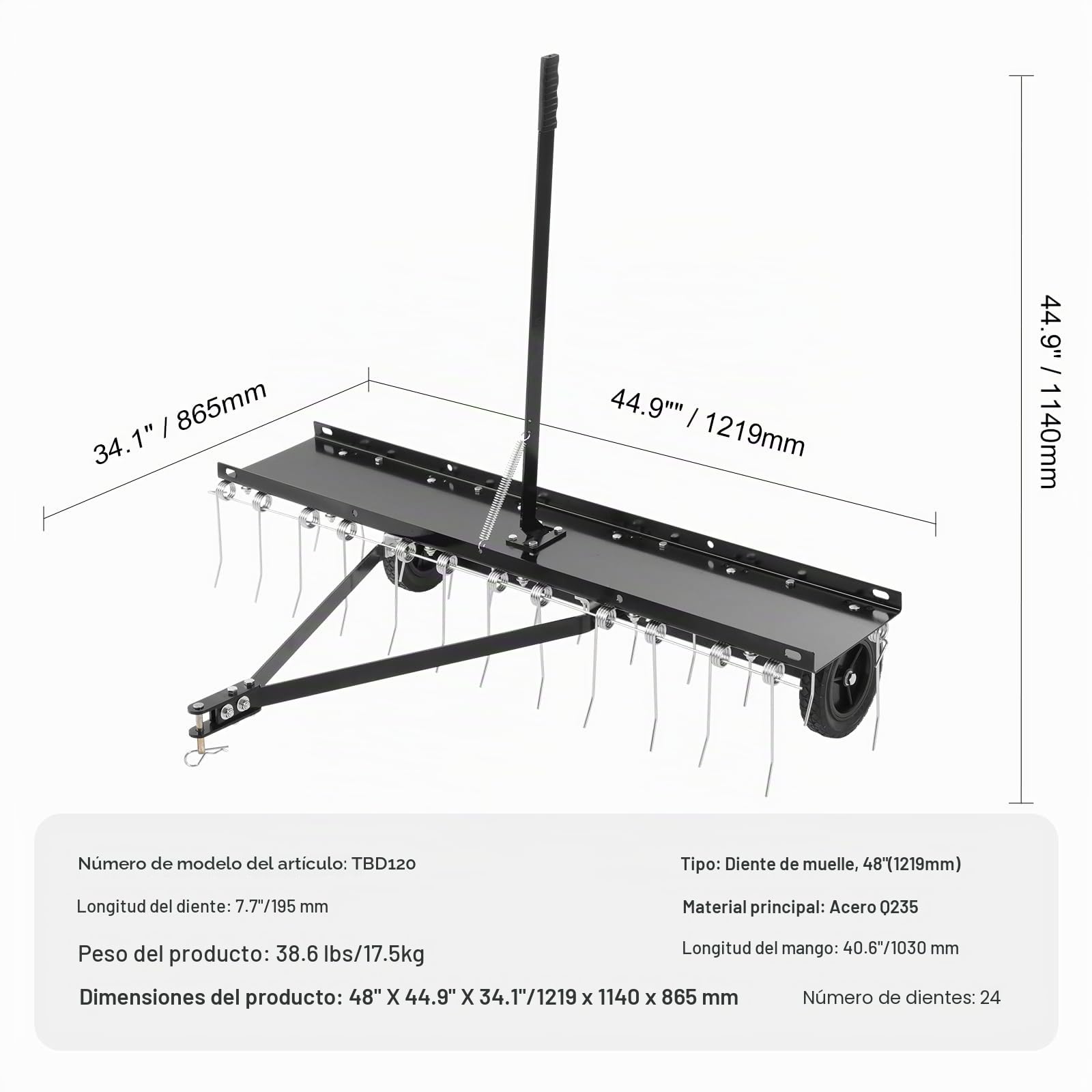 VEVOR Cortacéspedes de Remolque detrás de 1219 x 1140 x 865 mm con 24 Púas de Acero con Resorte, Rastrillo de Césped para ATV o Cortacésped, con Mango de Elevación para Césped de Granja de Jardín