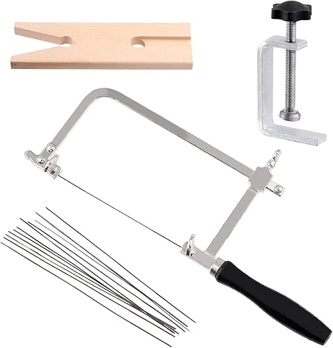 Tanstic Kit de marco de sierra de joyería de 15 piezas con cuchillas, juego de abrazaderas de pasador de banco, pasador de banco con ranura en V,