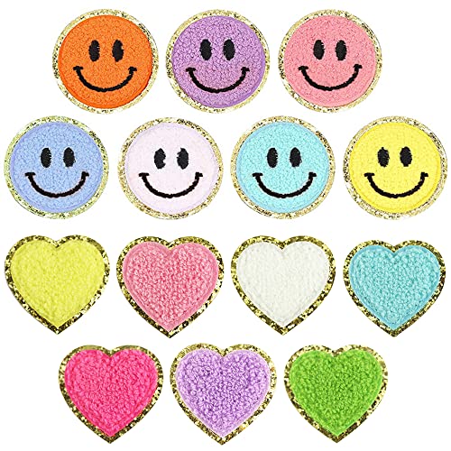 PLANTURECO Smiley Face Heart Patches, Iron on Patches 14 Pieces, Iron on Patches for Clothing, Patches for Clothes Jackets Jeans Hats Backpacks DIY Decorations(Gold Edge)