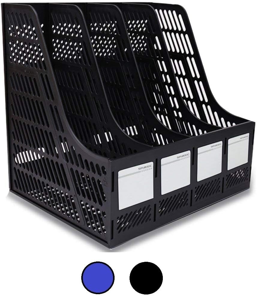PRANIJ Desktop Magazine Holder - 4 Compartments, Desk File Organizer, Plastic Vertical File Dividers Book Holder & Document Storage Rack for Office Desk, 1Pc (Blue/Black)