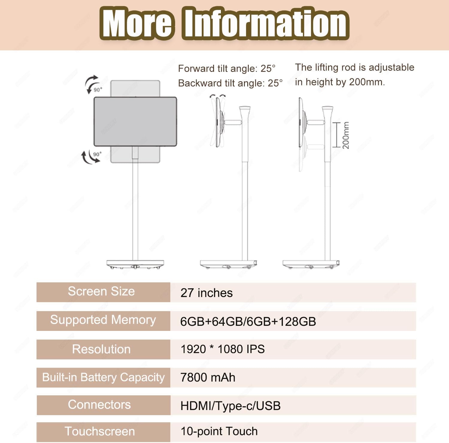 Smart Portable TV,Height-Adjustable and Rotatable Touchscreen Tablet, Touch Screen 1920 X 1080P,10000mAh Battery Operated for Home Entertainment and Travel 27inch4+64G