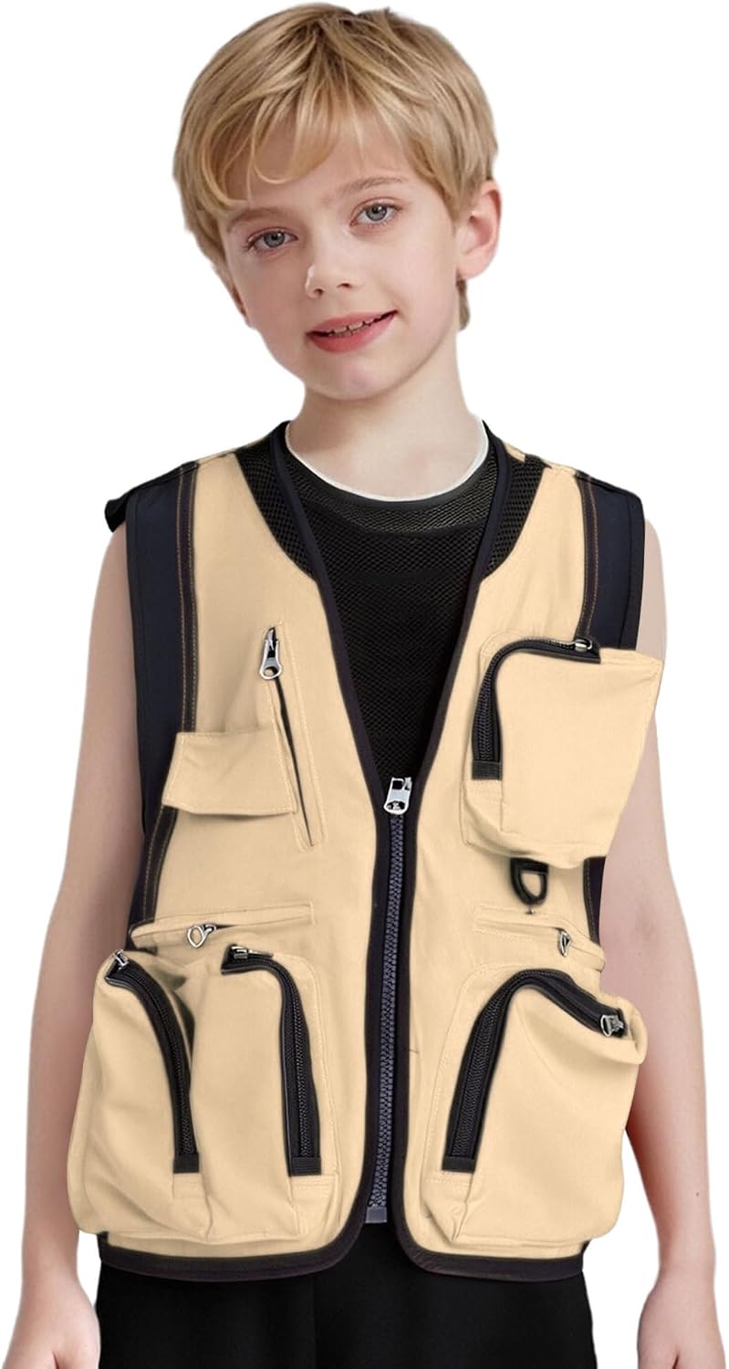YiZYiF Boys Girls Outdoor Activities Vest Sleeveless Fishing Cargo Jacket with Multi Pockets Cycling Vest