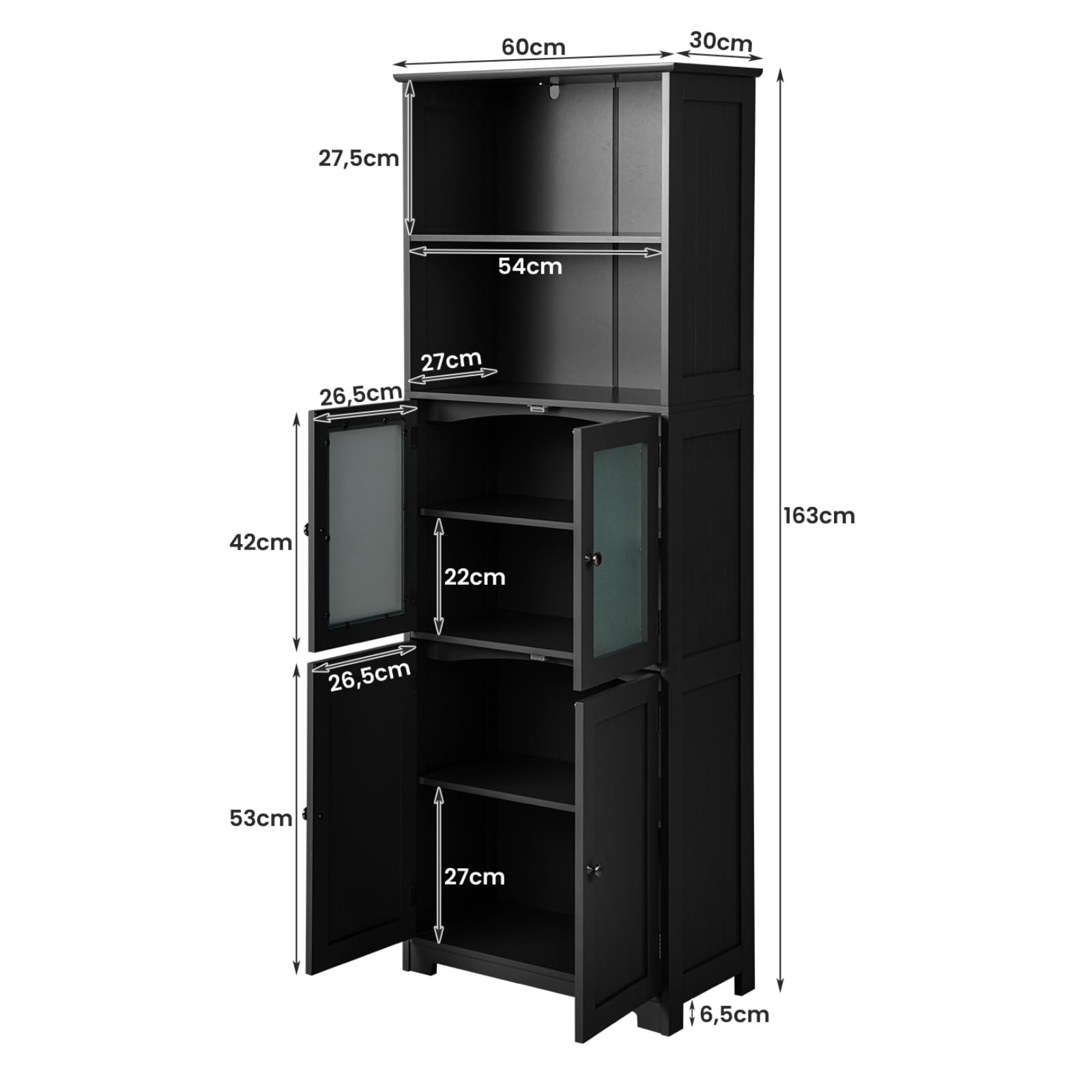 LIFEZEAL Mobiletto Alto da Bagno Salvaspazio, Mobiletto Multiuso in Legno, 60x30x163cm, Mobile Bagno con 2 Ante in Vetro, Armadietto da Terra con Ripiani Regolabile per Cucina e Soggiorno (nero)