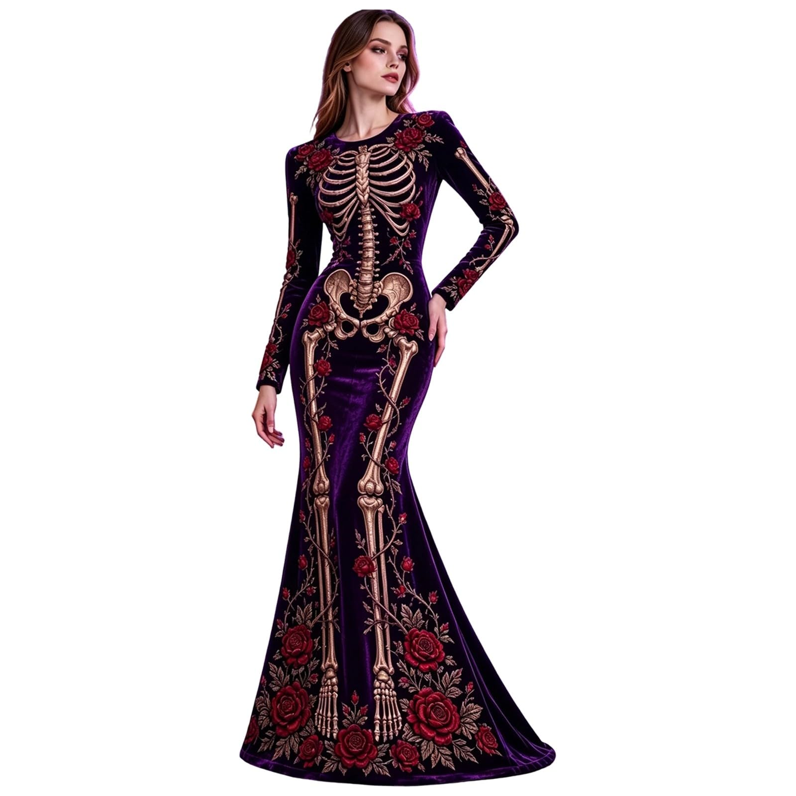 Women's Skeleton Print Mermaid Maxi Dress Long Sleeve Halloween Dresses for Women 3D Digital Print Floral Gothic Fancy Dress Costume โ image 1