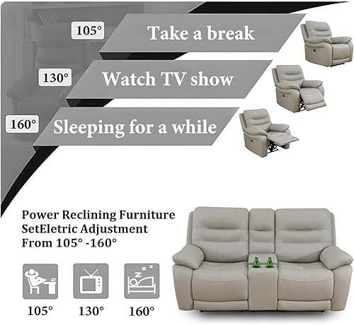 Miniatura 3 de Juego de sofá reclinable eléctrico, juego de sofá reclinable de cuero, 3 piezas de sofá de cuero con consola de almacenamiento integradapuerto