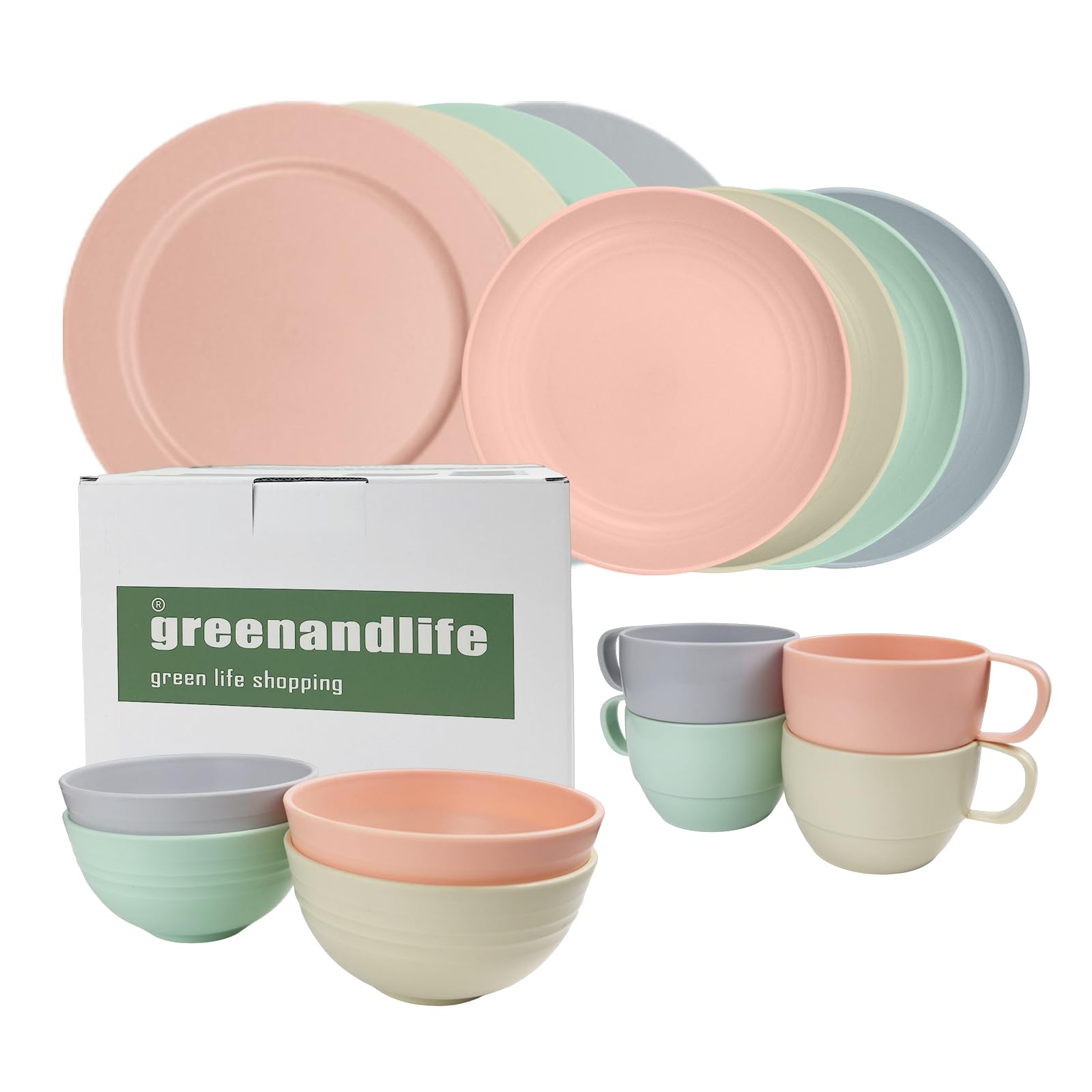 greenandlifePremium 16pcs Service for 4 Plastic Dinnerware Set, Unbreakable Reusable Microwave Safe Lightweight Plates and Bowls Sets Cups Dishwasher Safe Dishes for Outdoor Camping, RV Multicolor