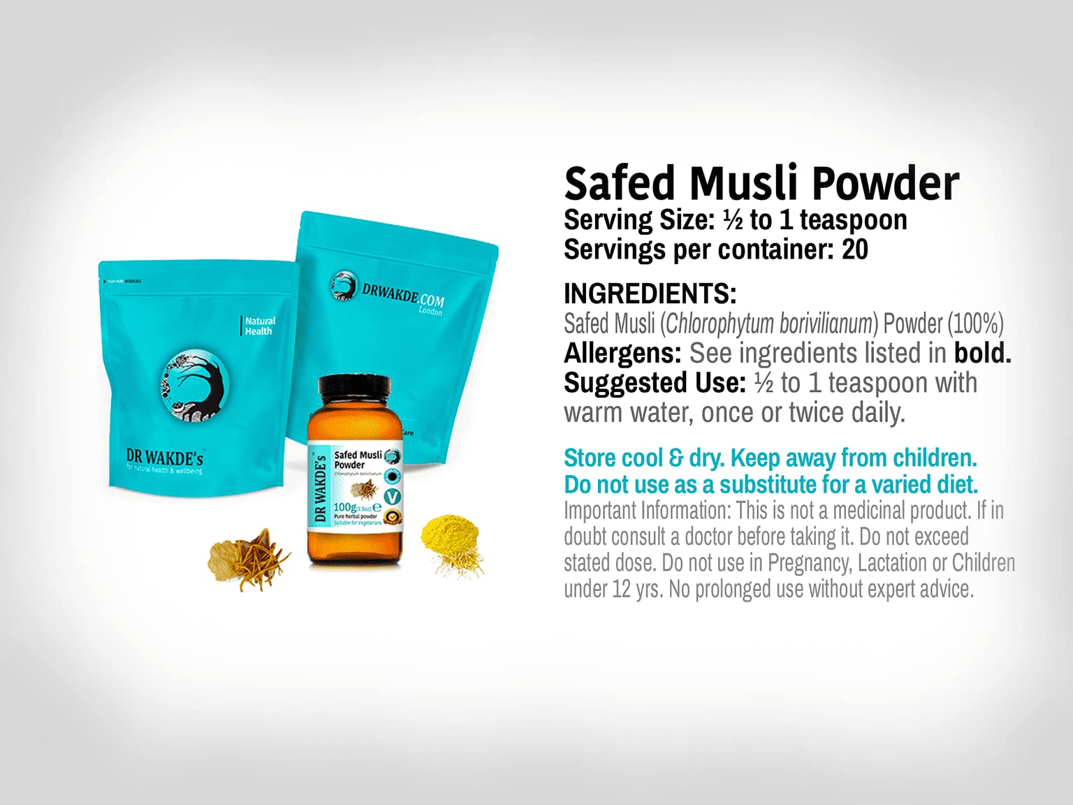 DR WAKDE'S Safed Musli Pulver (Chlorophytum borivilianum) - 500 g (1.1lb) | Rein, Raw & Getrocknetes Pulver | Ayurveda-Kräuter | Vegan | Nichts hinzugefügt, nichts entfernt | Am selben Tag Versand