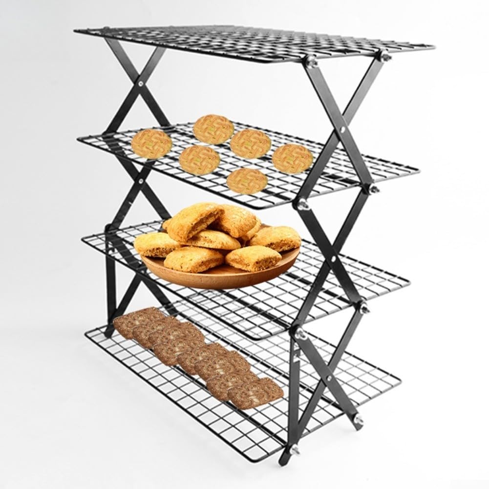 Estante de enfriamiento plegable de 2/3/4 niveles ajustable apilable de hierro para hornear galletas, pasteles, magdalenas, pan, diseño de ahorro de espacio (tres capas)
