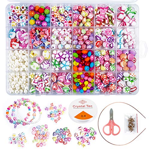 Highttoy Children DIY Bead Set,550+Pcs Pony Beads Kit for DIY Bracelet Nacklace Ring Jewelry Making Kit for Girls Bracelet Beads Colorful Alphabet Glass Seed Beads Art Craft Kits for Kids, 24 Types