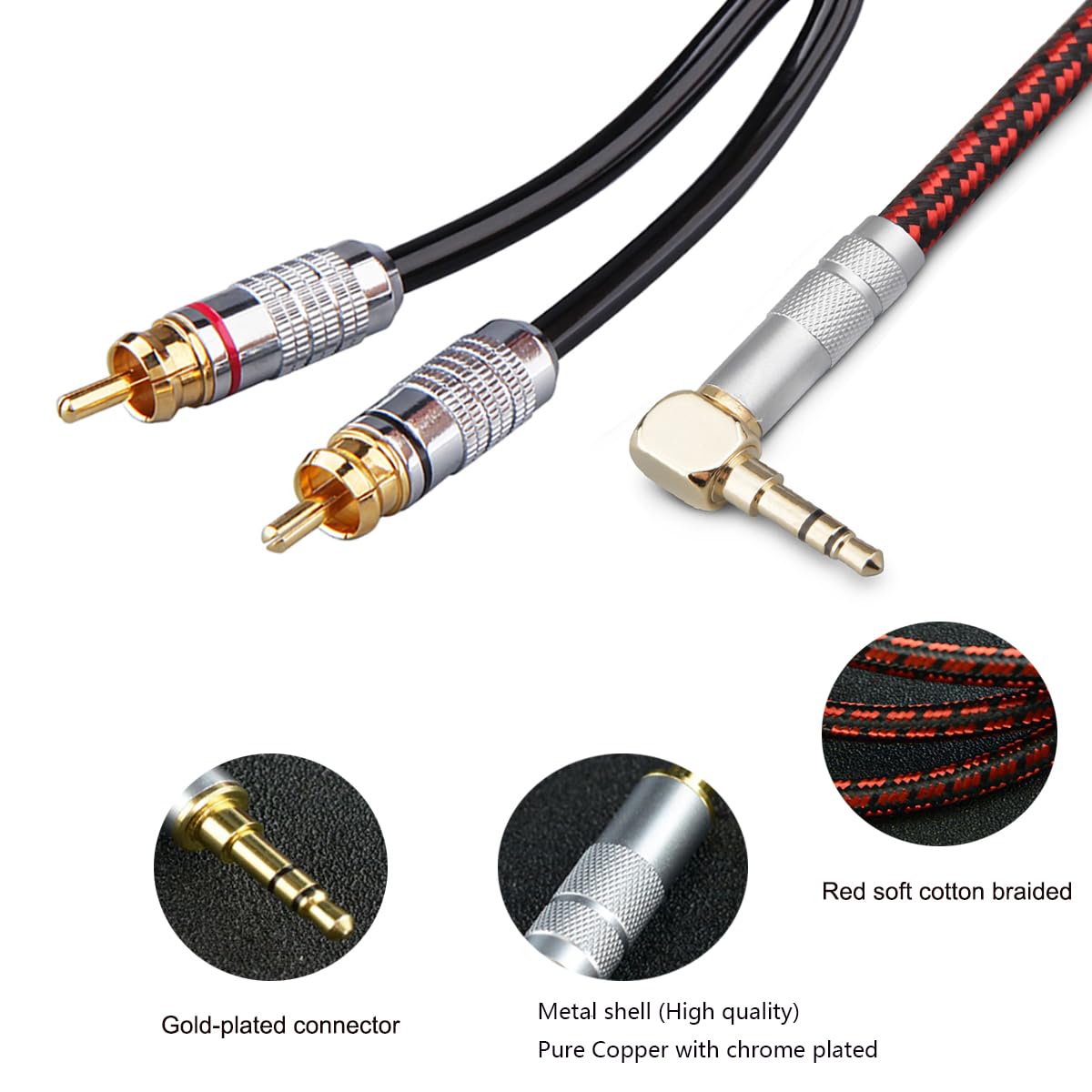 Audiophile - Cable de audio de cobre de alta pureza de 3,5 mm macho a 2 RCA/Phono macho, cable adaptador divisor estéreo HiFi chapado en oro (ángulo recto de 3,5 mm a 2 RCA, 2 m)
