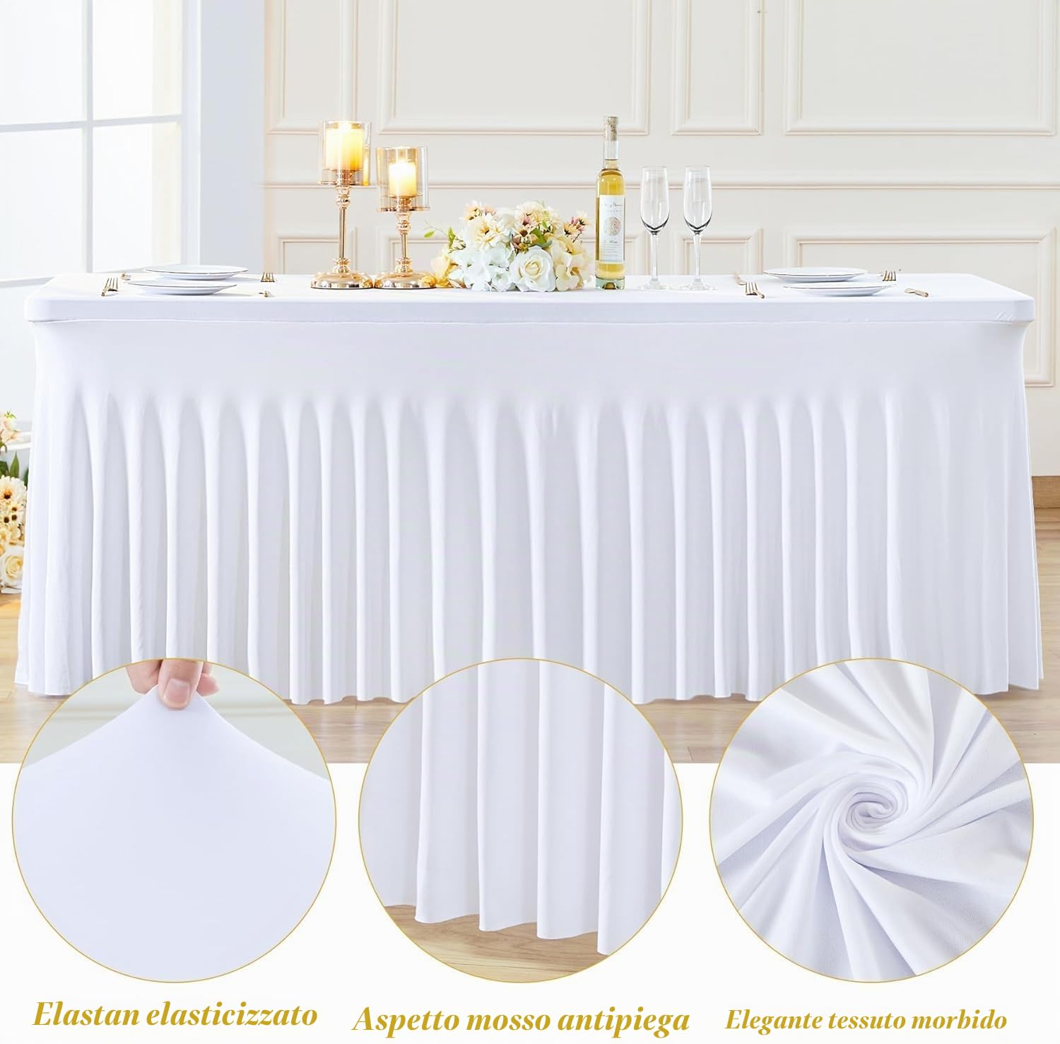 4 Pack Spandex Tovaglia con Gonna Bianco per 1.8m Tavoli Rettangolo Bianco Tovaglie Stretch Coperture Da Tavolo Banchetto Abiti Da Tavolo Rughe Gonna Da Tavolo Gratuita per Feste Matrimonio