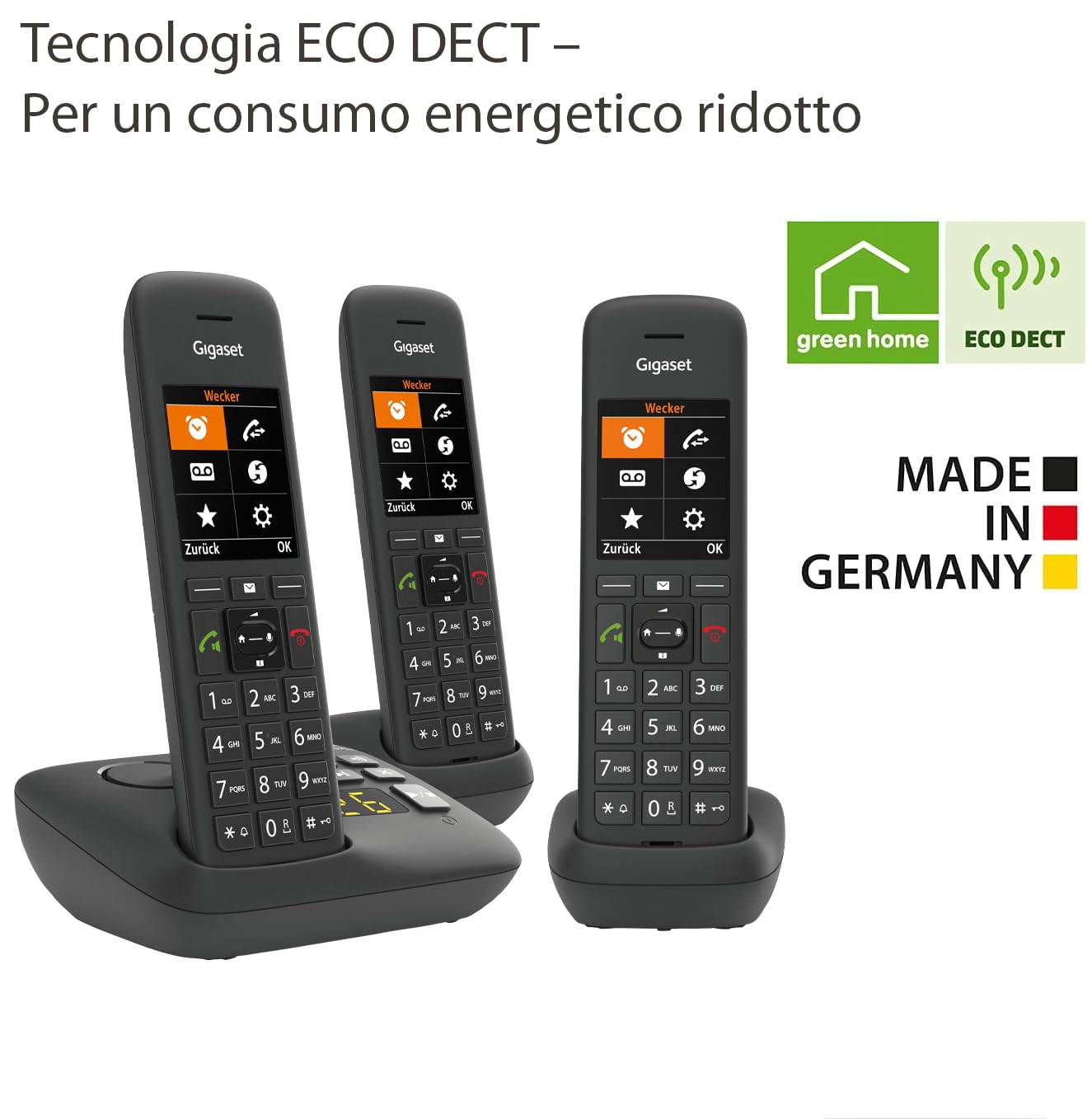 Gigaset C575A Trio - Cordless Trio con segreteria telefonica - possibilità di passare la chiamata da un portatile all'altro, Nero [Versione Italiana]