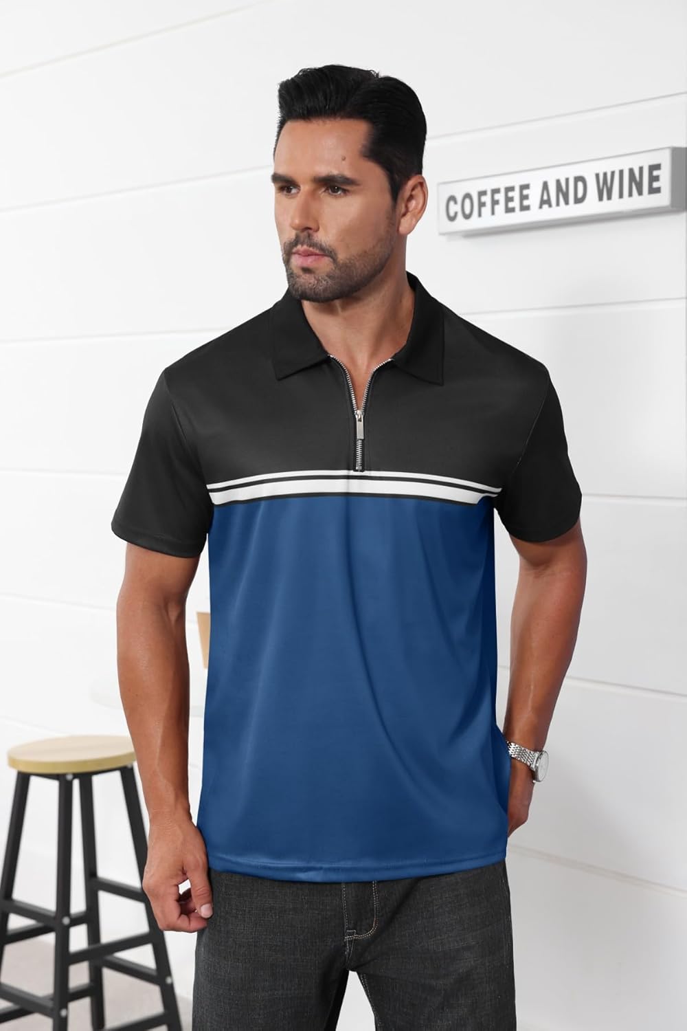 Mens Fashion Color Block Polo Shirts Casual Short Sleeve T Shirt Striped Moisture Wicking Golf Shirts Tops