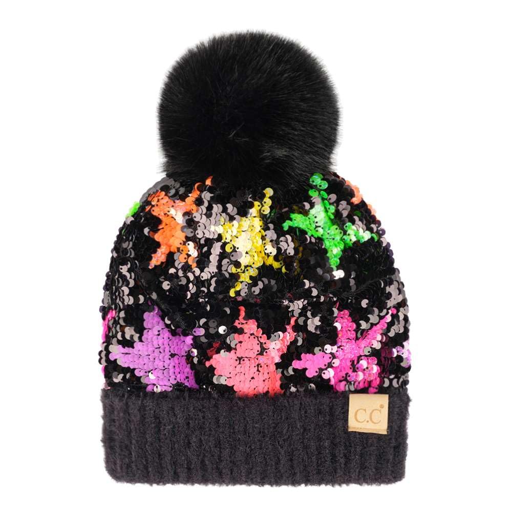 C.C Kids Sequin Fur Pom Beanie for Boys Girls - Comfortable Soft Warm Children Youth Knit Skully Hat with Faux Fur Pom