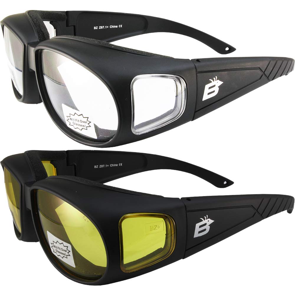 Birdz 2 Pairs Swallow Foam Padded Motorcycle Riding Glasses Black Frame Clear/Yellow Lens