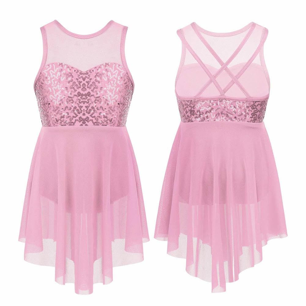 QXDZSW - Vestido de ballet con lentejuelas para niñas y niñas, sin mangas, malla de tul, estilo contemporáneo, leotardo