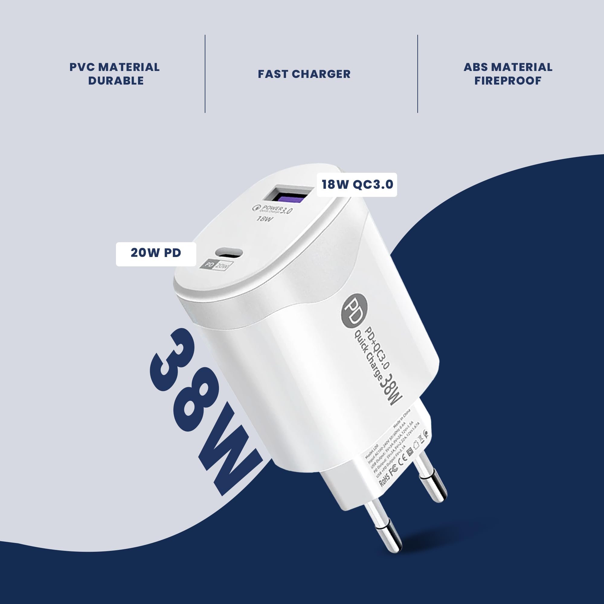 Leyf Ładowarka USB A typu C 2 w 1 38 W, 2 porty, kompatybilna ze wszystkimi modelami telefonów komórkowych i tabletów, szybka ładowarka QC 3.0, iPhone, iPad, Samsung Galaxy Xiaomi, Huawei, kabel typu